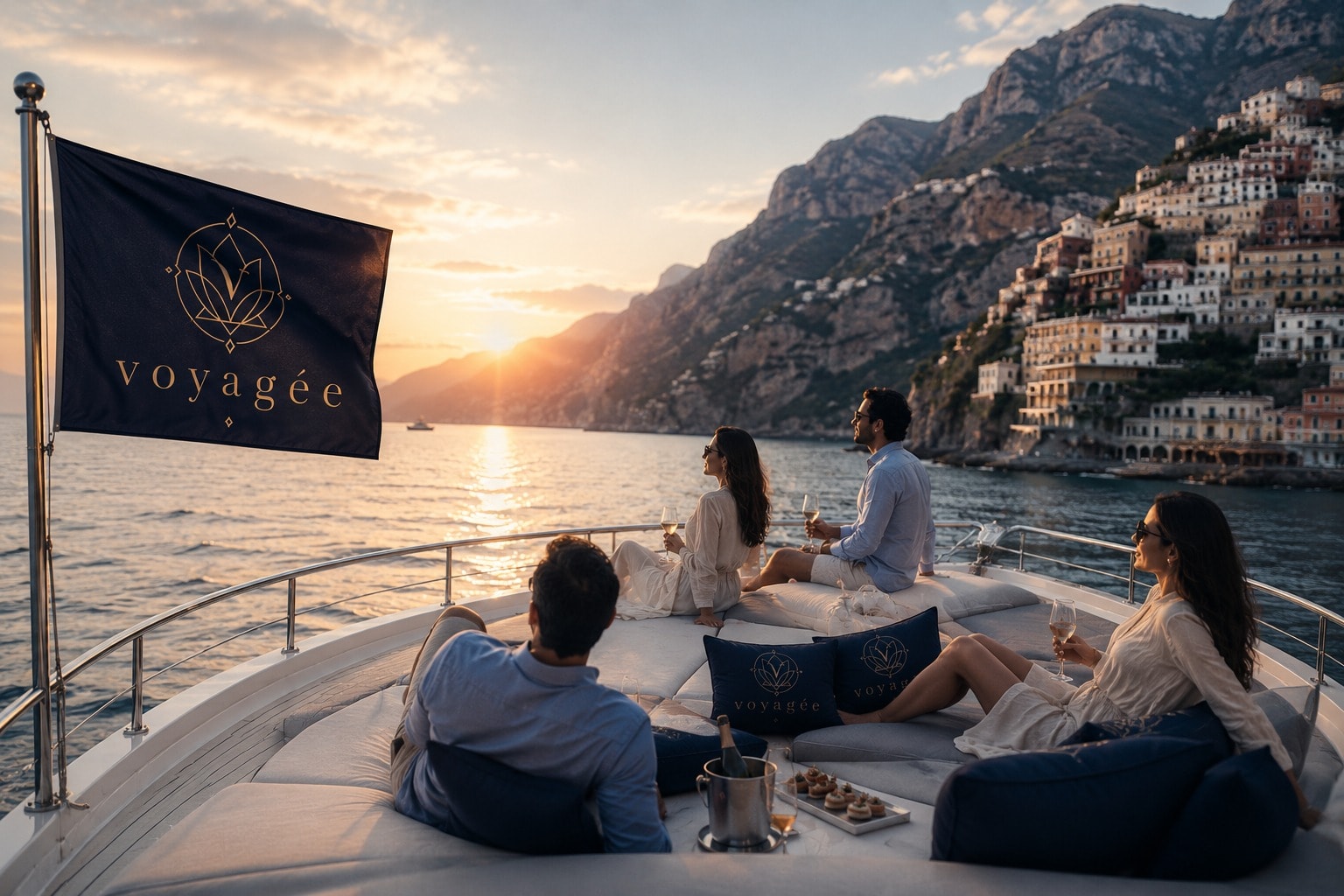 Membri Voyagée a bordo di uno yacht al tramonto sulla Costiera