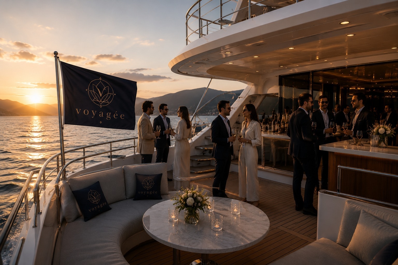 Networking al tramonto a bordo di uno yacht Voyagée